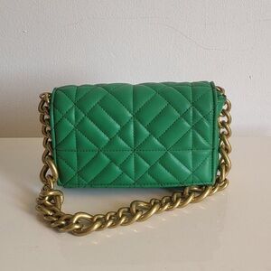 Zara Green Leather Shoulder Clutch Gold Chain Quited Purse